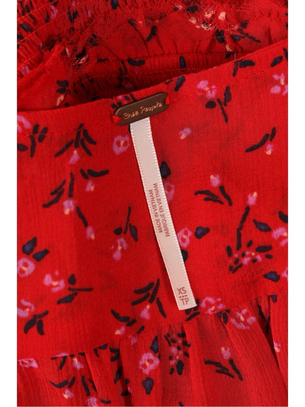 Sz XS Free People Lolita Red Floral Print Smocked Long Sleeve Crop Top EUC